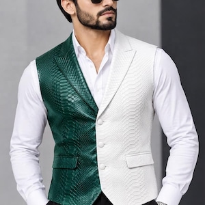 May include: A sleeveless vest featuring a split-color design with a deep green side and a white side, both with a textured snakeskin pattern. The vest has a notched lapel, three matching buttons, and two front pockets, worn over a white shirt.