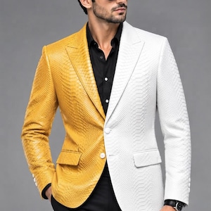 Men's Yellow White Snakeskin Leather Blazer, Two Tone Python Suit Jacket, Formal Party Fashion