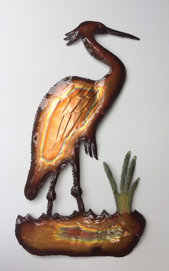 Copper Heron Metal Wall Art Hand Tooled Sculpture Coastal Decor Country Home Farmhouse Artwork