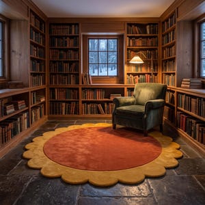 Könnte beinhalten: Ein runder Teppich mit gewelltem Rand, einem dunkelorangen Zentrum und einem gelben Saum, der auf einem dunklen Steinboden in einer Bibliothek liegt. Ein olivgrüner Sessel steht auf dem Teppich, umgeben von deckenhohen Holzregalen voller Bücher.
