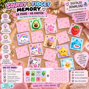Könnte beinhalten: Ein digitales Memory-Spiel mit 48 Karten und 24 Paaren, die niedliche Squishy- und Fidget-Motive zeigen. Die Karten enthalten bunte Illustrationen wie Avocado, Erdbeere, Einhorn, Hai und Bubble Tea auf einem rosa Hintergrund mit Herzen.