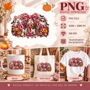 Könnte beinhalten: Eine digitale Designdatei mit dem Text Spooky Mama in Pink und Schwarz, umgeben von Cartoon-Geistern, Kürbissen und rosa Schleifen. Die Grafik ist auf einer weißen Tasse, einer weißen Tragetasche und einem weißen T-Shirt abgebildet.
