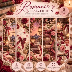 Könnte beinhalten: Fünf vertikale Lesezeichen mit romantischen Illustrationen von alten Büchern, roten Rosen, Briefen mit Wachssiegel und leuchtenden Laternen. Der Text lautet Romance Lesezeichen, 5 Wunderschöne Designs und 5 x 15 cm. Die Bilder zeigen Kerzenschein, aufgeschlagene Bücher und florale Akzente in Rot-, Rosa- und Cremetönen.