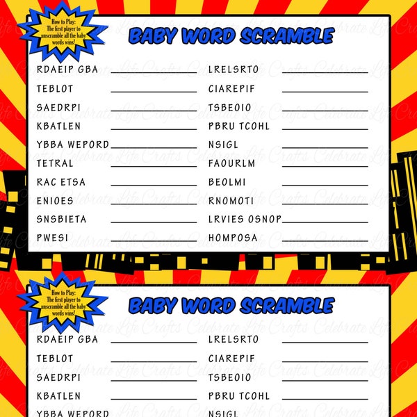 Superhero Baby Shower Word Scramble Game - Printable Baby Shower Games - Red Blue Yellow Boy Baby Shower - B066