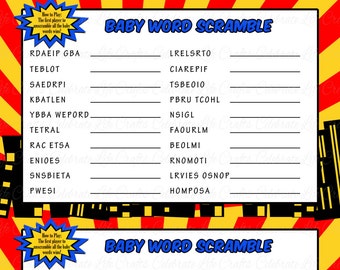 Superhero Baby Shower Word Scramble Game - Printable Baby Shower Games - Red Blue Yellow Boy Baby Shower - B066