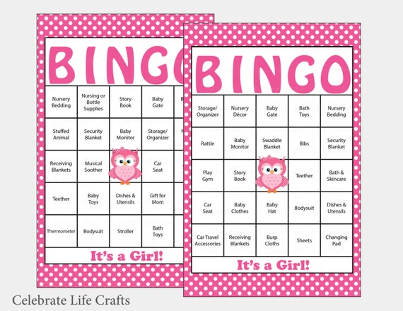60 Owl Baby Shower Bingo Cards - 60 Prefilled Bingo Cards - Girl Baby Shower Game - Pink Polka Dots - Printable Download - B2003 Il_570xn
