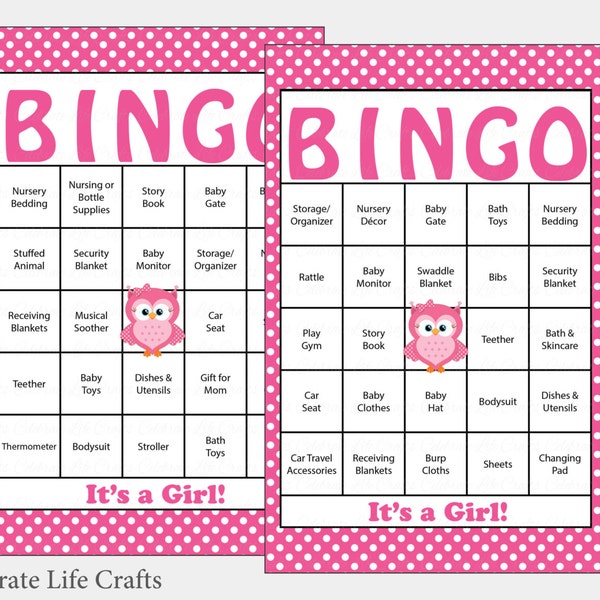 60 Owl Baby Shower Bingo Cards -  60 Prefilled Bingo Cards - Girl Baby Shower Game - Pink Polka Dots  - Printable Download - B2003