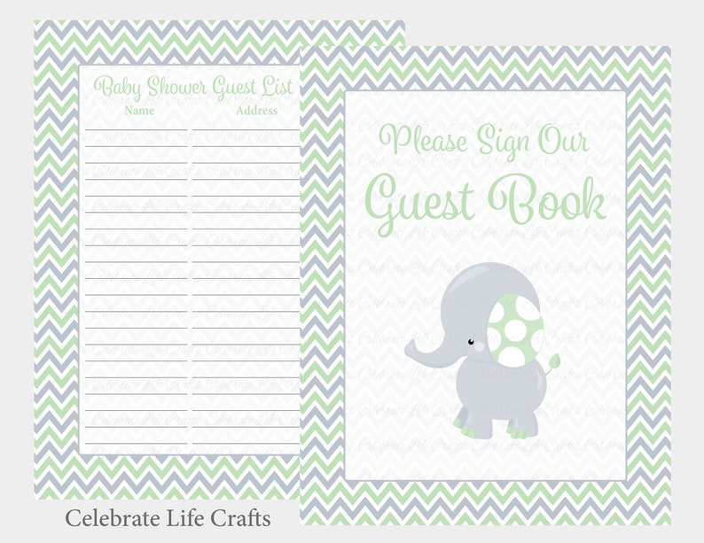 Table Sign PDF Download B3006 Green Gray Elephant Baby Shower Baby Shower Guest Book Sign and Guest List- Printable Guest Book Set