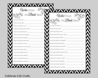 Who Knows the Bride Best Bridal Shower Game - How Well Do You Know the Bride Game - Instant Download - Black White Bridal Games BR004