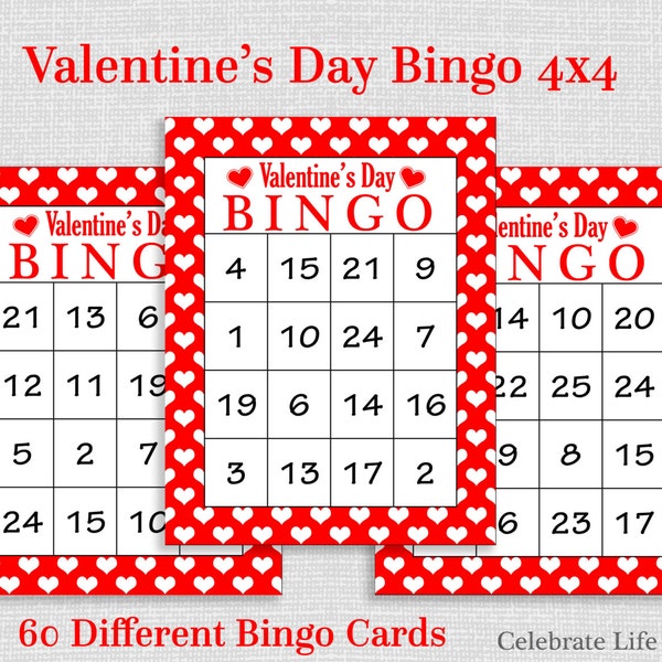 Valentine Bingo Game - 60 Printable Valentine's Bingo Cards - FREE Valentine Favor Bag Toppers - Numbers 1-25 - Valentine Activity