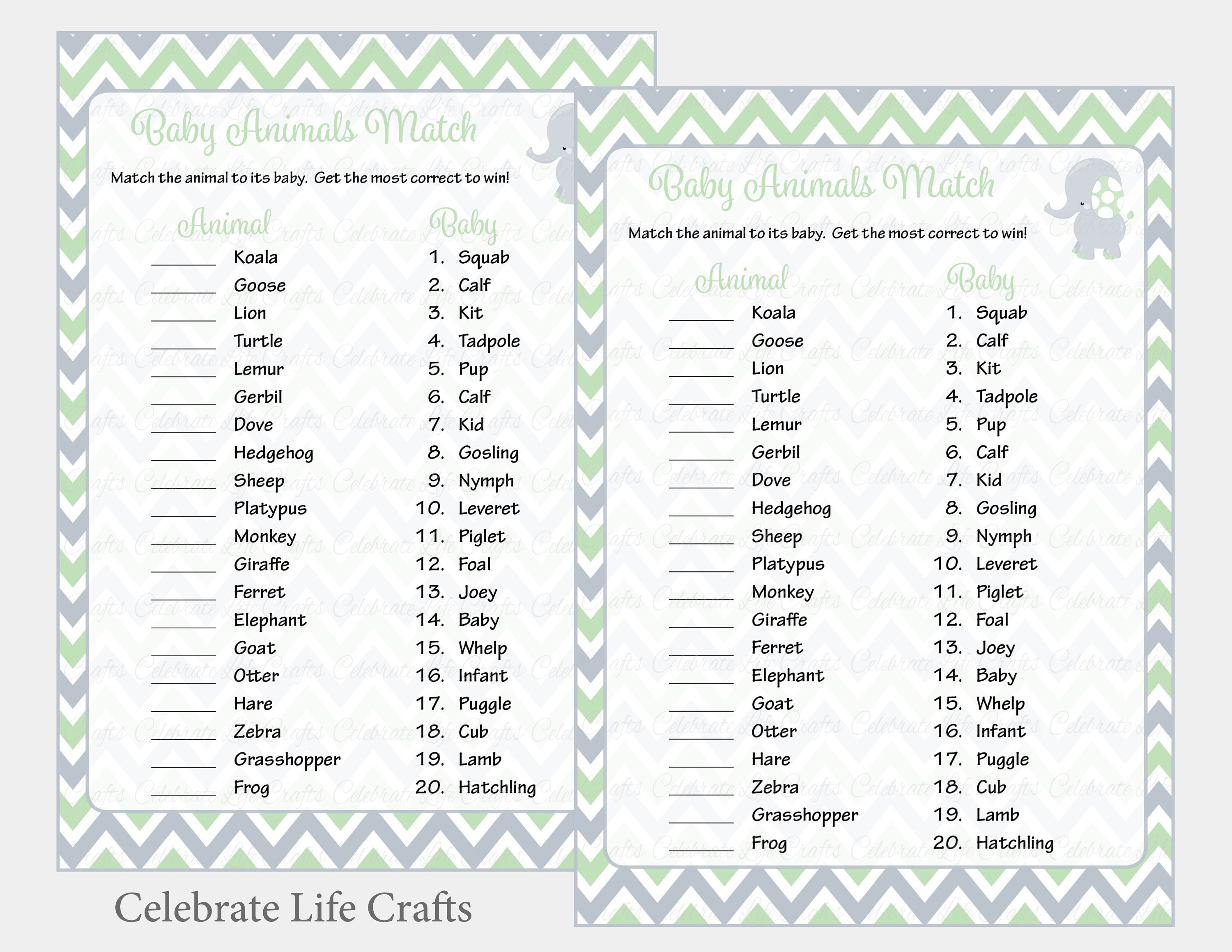 Baby Animals Match Baby Shower Game & Answers Printable Baby Shower