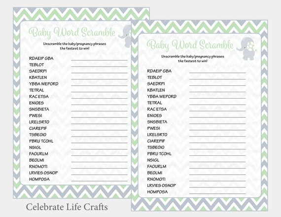 Elephant Baby Shower Games Baby Word Scramble Game Answer Key Green Gray Elephant Game Gender Neutral Printable Download B3006 By Celebrate Life Crafts Catch My Party