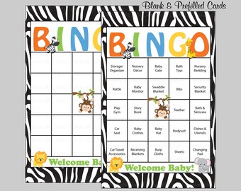 100 Safari Baby Shower Bingo Cards - Prefilled Bingo Cards - Boy Girl Baby Shower Game - Zebra Jungle - Printable Download - B5002