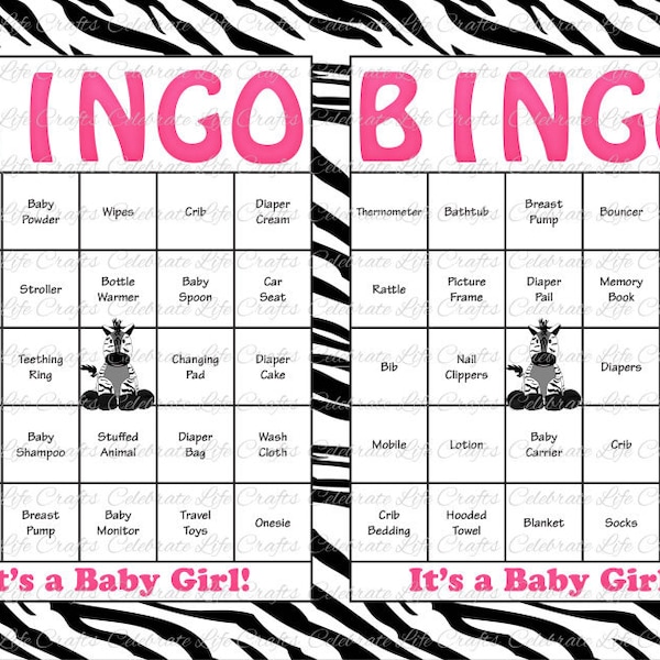 60 Baby Shower Bingo Cards - Printable Party Baby Girl Jungle Theme - Instant Download - Black Pink Zebra Baby Shower Gift Bingo G049