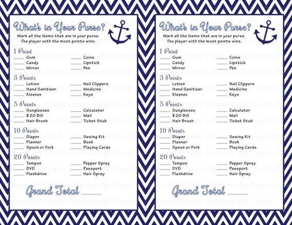 Baby Shower What S In Your Purse Game Printable Baby Shower Games Nautical Theme Navy Blue Anchor Baby Boy B065 By Celebrate Life Crafts Catch My Party