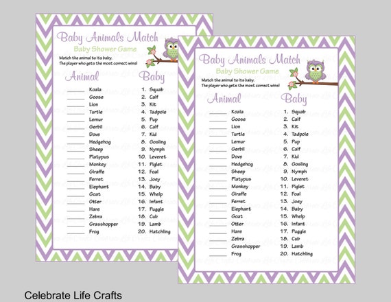 Baby Animals Match Game With Answer Key Printable Baby Shower Game Baby Girl Owl Baby Shower Theme Green Purple Chevrons B2005