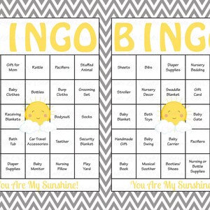 60 Baby Bingo Cards You Are My Sunshine Baby Game Printable Baby Shower ...