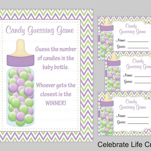 Baby Shower Candy Bottle Guessing Game - Sign and Tags - Baby Girl - Owl Baby Shower Theme - Candy Jar Game - Green Purple Chevrons - B2005