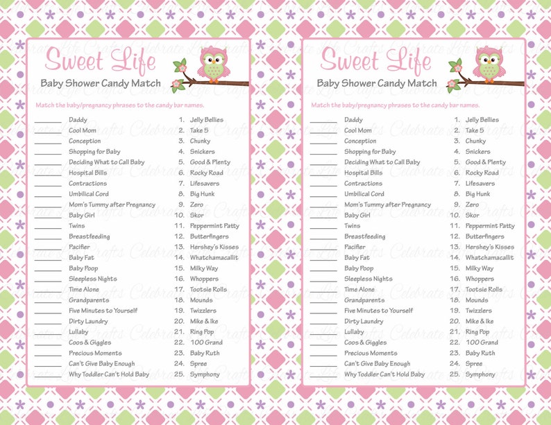 Baby Shower Sweet Life Candy Bar Match Game Printable Baby Shower Games Owl Baby Shower Theme Pink Green Checkered Baby Girl B2010 image 2