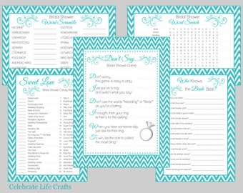 Bridal Shower Games Package - Download Five Wedding Shower Games - Robin Blue - Don't Say Bride , Know the Bride, Pool Blue Chevron  BR009