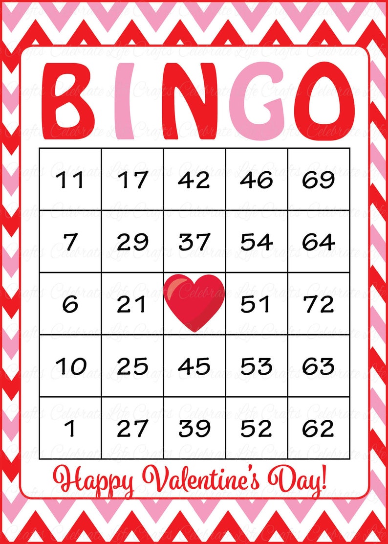 60 Valentines Bingo Cards Printable Valentine Bingo Cards Instant Download Valentine's Day Game for kids Pink Red Chevrons V1003 image 2