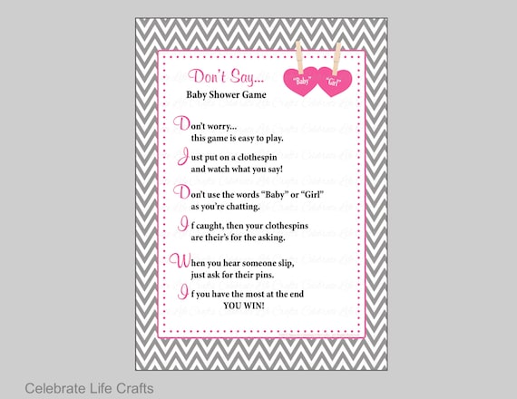 Don't Say Baby or Girl Baby Shower Game Printable - Clothespin Baby Game - Baby Girl - Gray Pink Grey Chevron Owl Baby Shower Theme - B2004 Il_570xn