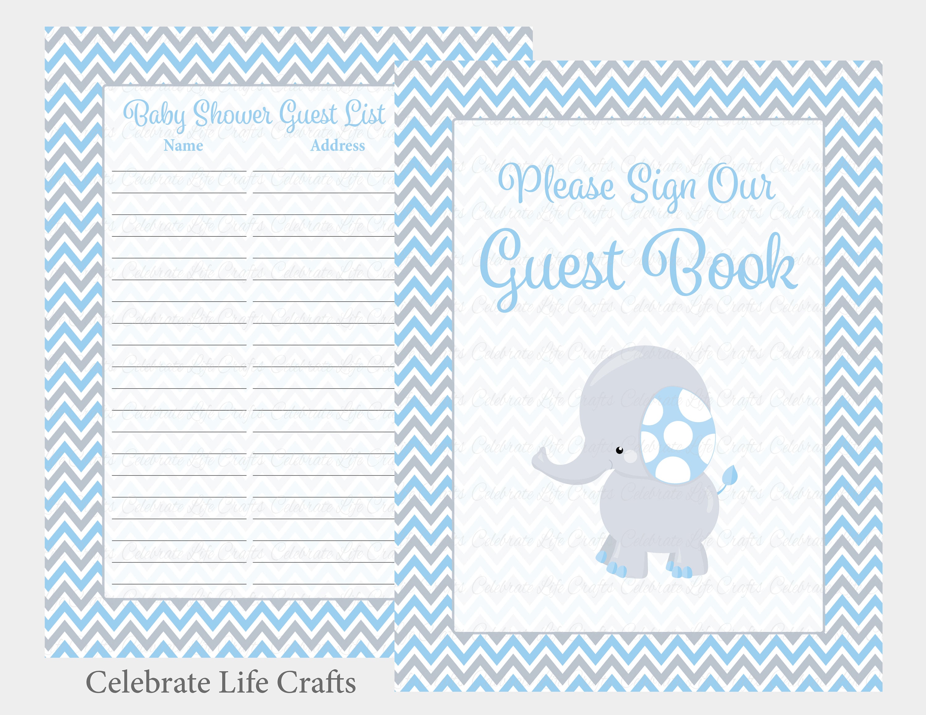 Baby Shower Guest Book Sign And Guest List Printable Guest Book Set Table Sign Blue Gray Elephant Baby Shower Instant Download B3004