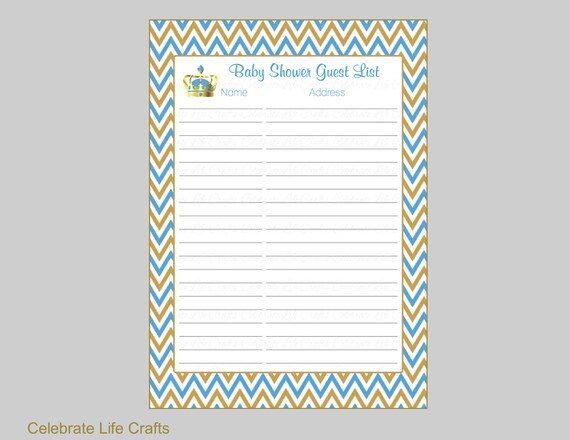 Crown Baby Shower Guest List Printable Baby Shower Sign In Sheet With Address For Thank You Notes Blue Gold Little Prince Theme B23004 By Celebrate Life Crafts Catch My Party