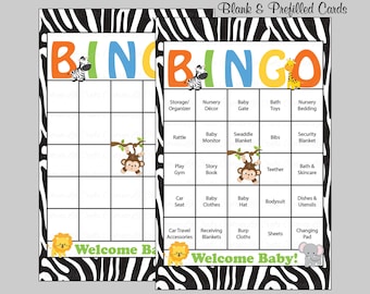 60 Safari Baby Shower Bingo Cards - 60 Prefilled Bingo Cards - Boy Girl Baby Shower Game - Zebra Jungle - Printable Download - B5002
