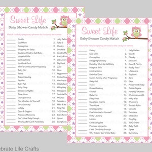 Baby Shower Sweet Life Candy Bar Match Game Printable Baby Shower Games Owl Baby Shower Theme Pink Green Checkered Baby Girl B2010 image 1