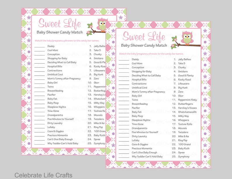 Baby Shower Sweet Life Candy Bar Match Game Printable Baby Shower Games Owl Baby Shower Theme Pink Green Checkered Baby Girl B2010 image 1