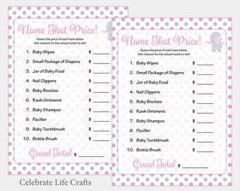 Elephant Baby Shower Name That Price Game - Printable Baby Shower Games - Pink Gray Polka Dots Elephant Baby Girl - Instant Download B3002