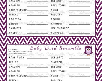 Baby Shower Word Scramble Game - Printable Baby Shower Games - Plum Chevron Owl Baby Girl - G024  - Answer Key Included