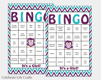 60 Owl Baby Shower Bingo Cards - 60 Prefilled Bingo Cards - Girl Baby Shower Game - Purple Teal Chevron - Printable Download - B2007