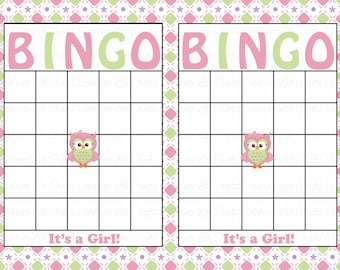 Blank Baby Shower Bingo Cards - Printable Party Baby Girl - Instant Download -  Pink Green Checkered Owl Baby Shower Gift Bingo B2010