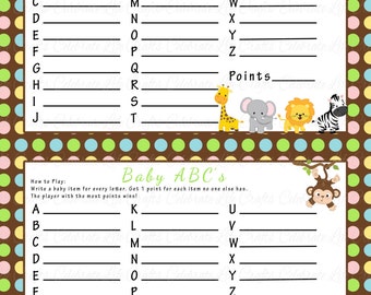Baby Shower Baby ABC Game - Printable Baby Shower Games - Jungle Animals Monkey Giraffe Zebra Elephant - Boy Girl Gender Neutral - N019