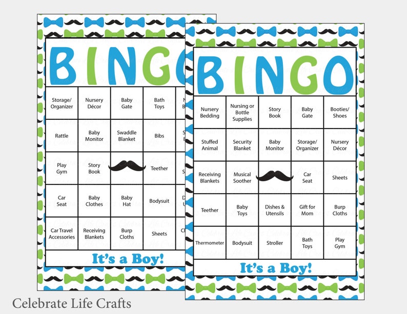 100 Little Man Baby Shower Bingo Cards Prefilled Bingo Cards Boy Baby Shower Game Blue Green Printable Download B1001 image 1