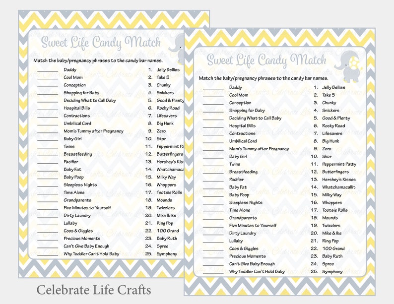 Sweet Life Candy Bar Match Baby Shower Game With Answers Printable Baby