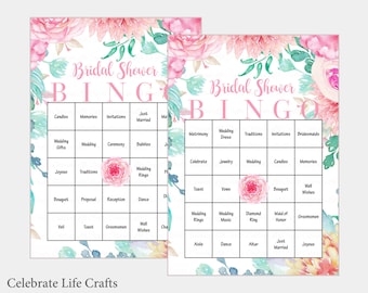 100 Bridal Bingo Cards - Floral Bridal Shower Bingo Game - prefilled wedding words - Instant Download - Pink Rose Bridal Shower Games BR1004