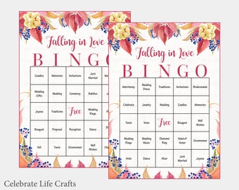 60 Falling in Love Wedding Bingo Cards - Fall Bridal Shower Bingo Game - prefilled, printable, download - Autumn Fall Wedding Theme BR1006