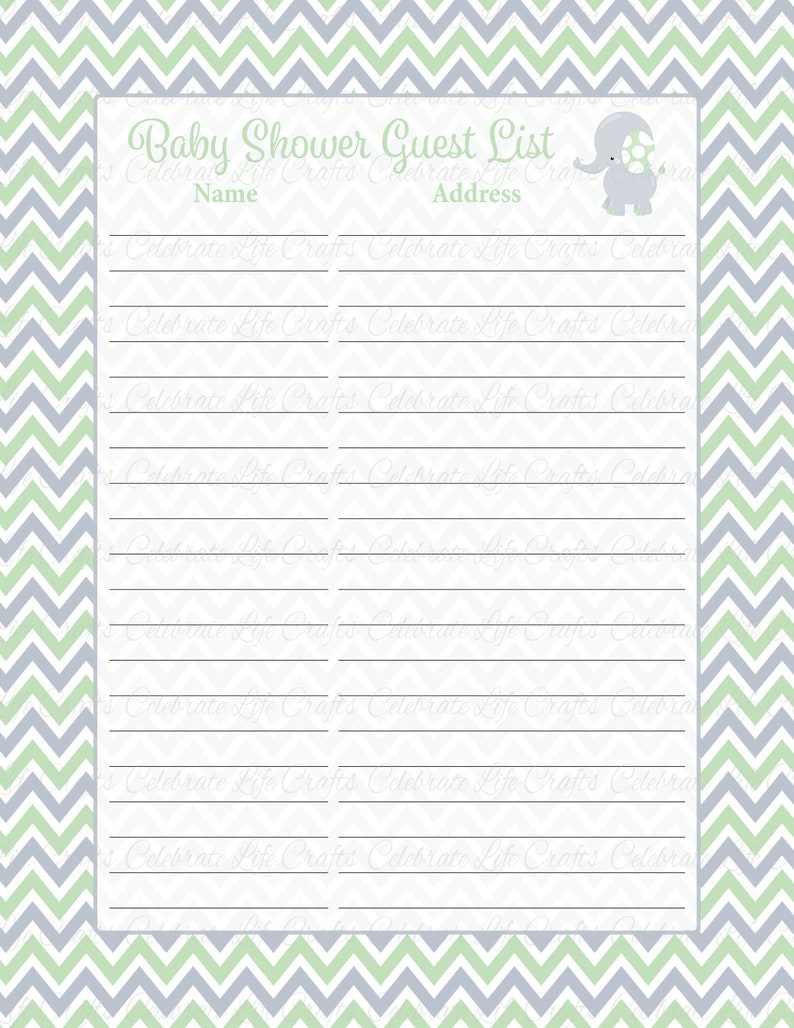 Table Sign PDF Download B3006 Green Gray Elephant Baby Shower Baby Shower Guest Book Sign and Guest List- Printable Guest Book Set