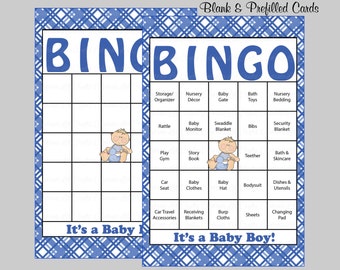 100 Baby Shower Bingo Cards - 100 Prefilled Bingo Cards - Boy Baby Shower Game - Blue Plaid - Printable Download - B4001