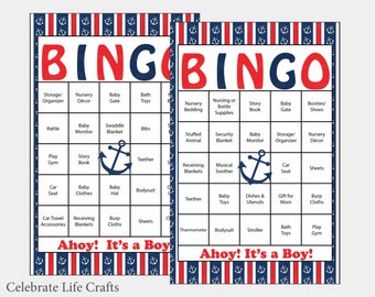 30 Anchor Baby Shower Bingo Cards - 30 Prefilled Bingo Cards - Boy Nautical Baby Shower Game - Navy Red Printable Download - B15001