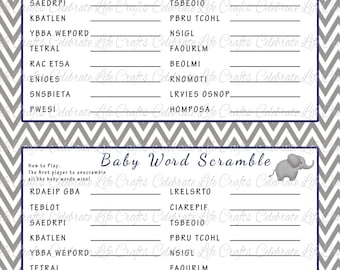 Baby Shower Word Scramble Game - Printable Baby Shower Games - Navy Blue Gray Chevron Elephant Baby Boy - B022  - Answer Key Included