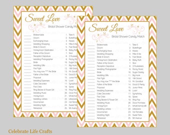 Sweet Love douche nuptiale - Bar à bonbons Bridal Shower Match jeu - téléchargement immédiat - Chevron or rose jeux mariée BR006