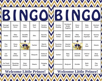 60 Prince Baby Shower Bingo Cards - Prefilled Bingo Cards Included - Boy Baby Bingo Game - Navy Blue Gold Little Prince B23006