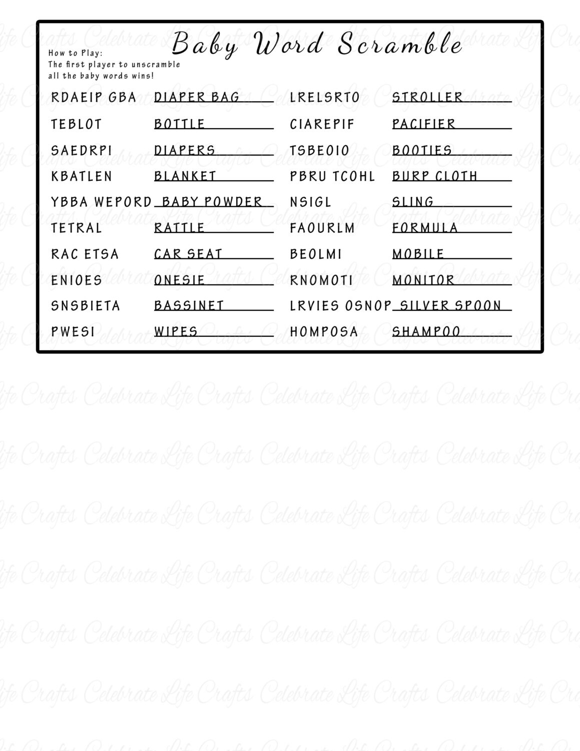 baby shower word scramble game printable baby shower games etsy