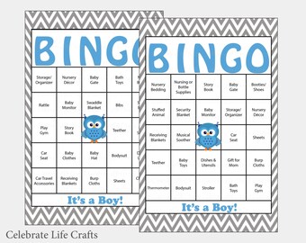 100 Owl Baby Shower Bingo Cards -  100 Prefilled Bingo Cards - Boy Baby Shower Game - Blue Gray Chevron - Printable Download - B2001