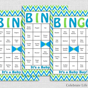 30 Little Man Baby Shower Bingo Cards Bowtie Theme Printable Party Boy Instant Download Blue Green Chevron B048 image 1