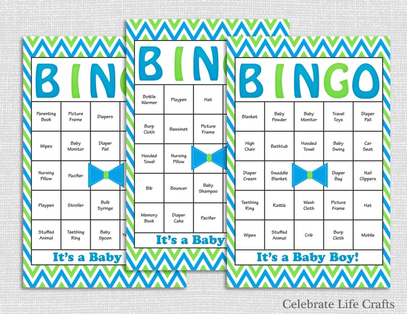 30 Little Man Baby Shower Bingo Cards Bowtie Theme Printable Party Boy Instant Download Blue Green Chevron B048 image 1